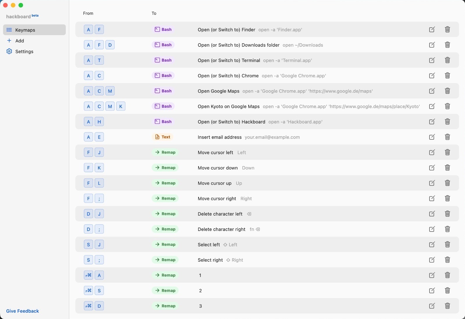 Hackboard app showing keymaps for launching apps, navigating text, and custom shortcuts